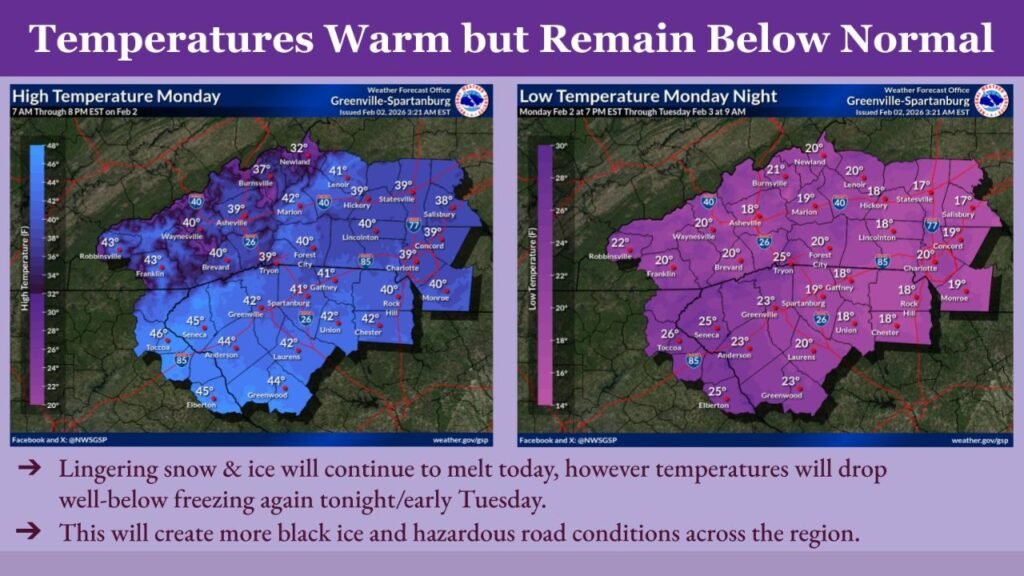 Greenville, Spartanburg, Asheville, Charlotte, and Upstate Carolinas Warm Slightly but Stay Below Normal as Nighttime Refreeze Raises Black Ice Risk