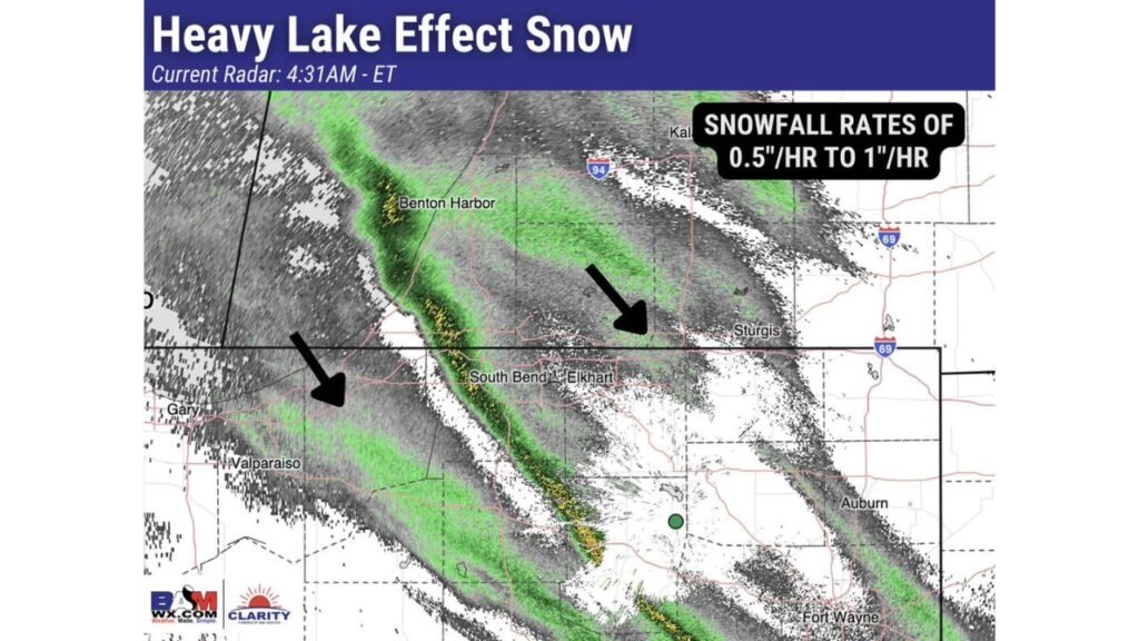 Heavy Lake-Effect Snow Band Moves Into Southwest Michigan and Northern Indiana With Near-Whiteout Travel Conditions Early Today