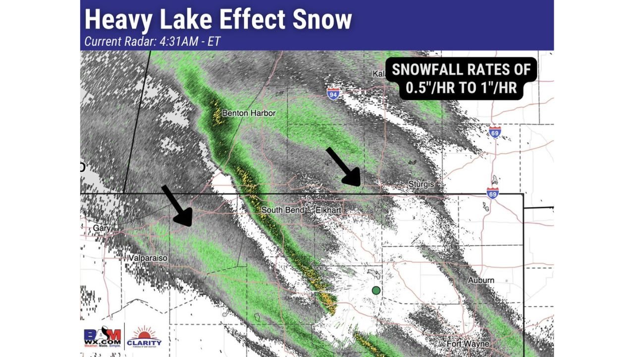 Heavy Lake-Effect Snow Band Moves Into Southwest Michigan and Northern Indiana With Near-Whiteout Travel Conditions Early Today