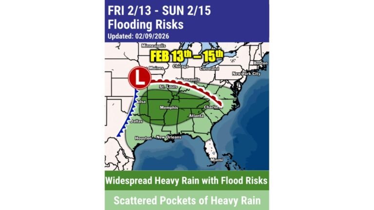 Heavy Rain Targets Tennessee Valley and Lower Ohio Valley From February 13–15 as Frozen Ground Raises Flooding Concerns