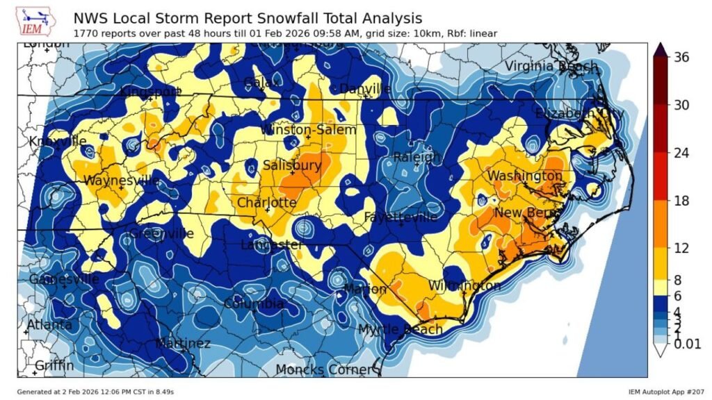 Historic Winter Storm Batters Carolinas, Southern Appalachians and Mid-Atlantic With Extreme Snowfall Differences