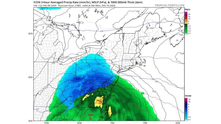 ICON Model Flags Powerful Coastal Storm for Pennsylvania, New Jersey, Maryland, and New York on Monday With Heavy Rain, Snow, and Strong Winds Possible