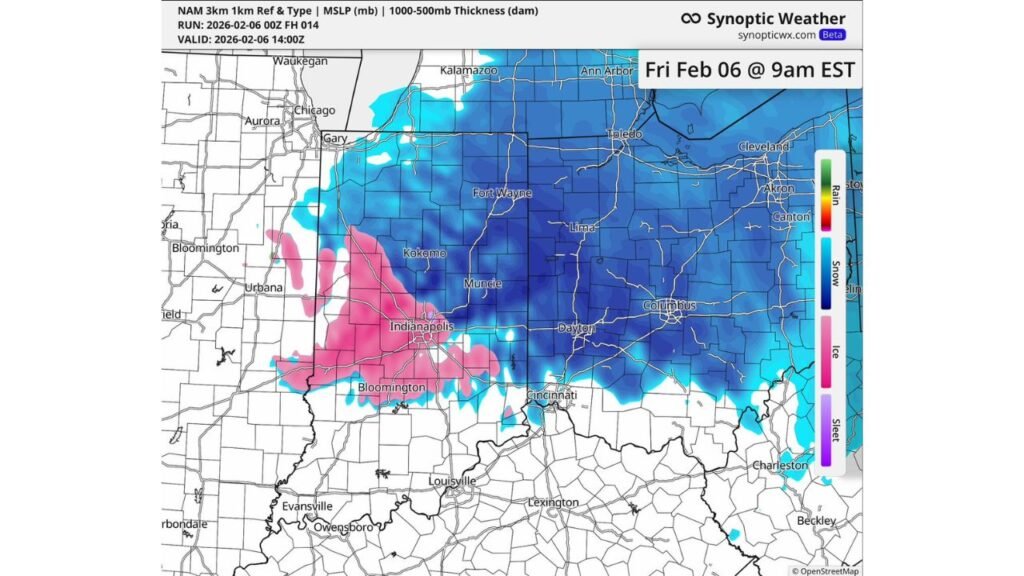 Indiana and Ohio Face a Slippery Friday Morning as Snow Spreads East and Freezing Drizzle Targets Indianapolis to Bloomington