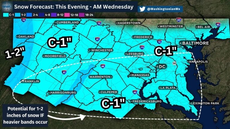 Light Snow and Slick Travel Expected Across Washington DC, Maryland, and Northern Virginia as Weak Clipper Moves Through Tonight
