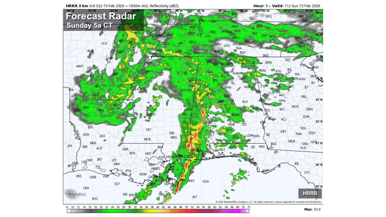 Louisiana Squall Line Weakening Overnight but Heavy Rain to Reach Mobile and Baldwin Counties Around 4–5 AM Sunday