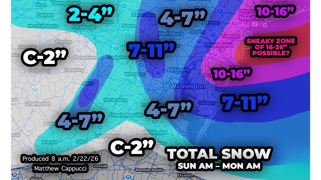 Mid-Atlantic Snowstorm Final Call: D.C., Maryland, Pennsylvania, New York and New Jersey Face 6 to 16+ Inches, With Isolated 26-Inch Jackpot Possible