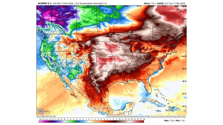 Midwest and East Coast From Illinois to New York Turn 10–20°C Above Normal by Feb. 17, While Montana and the Pacific Northwest Stay Much Colder