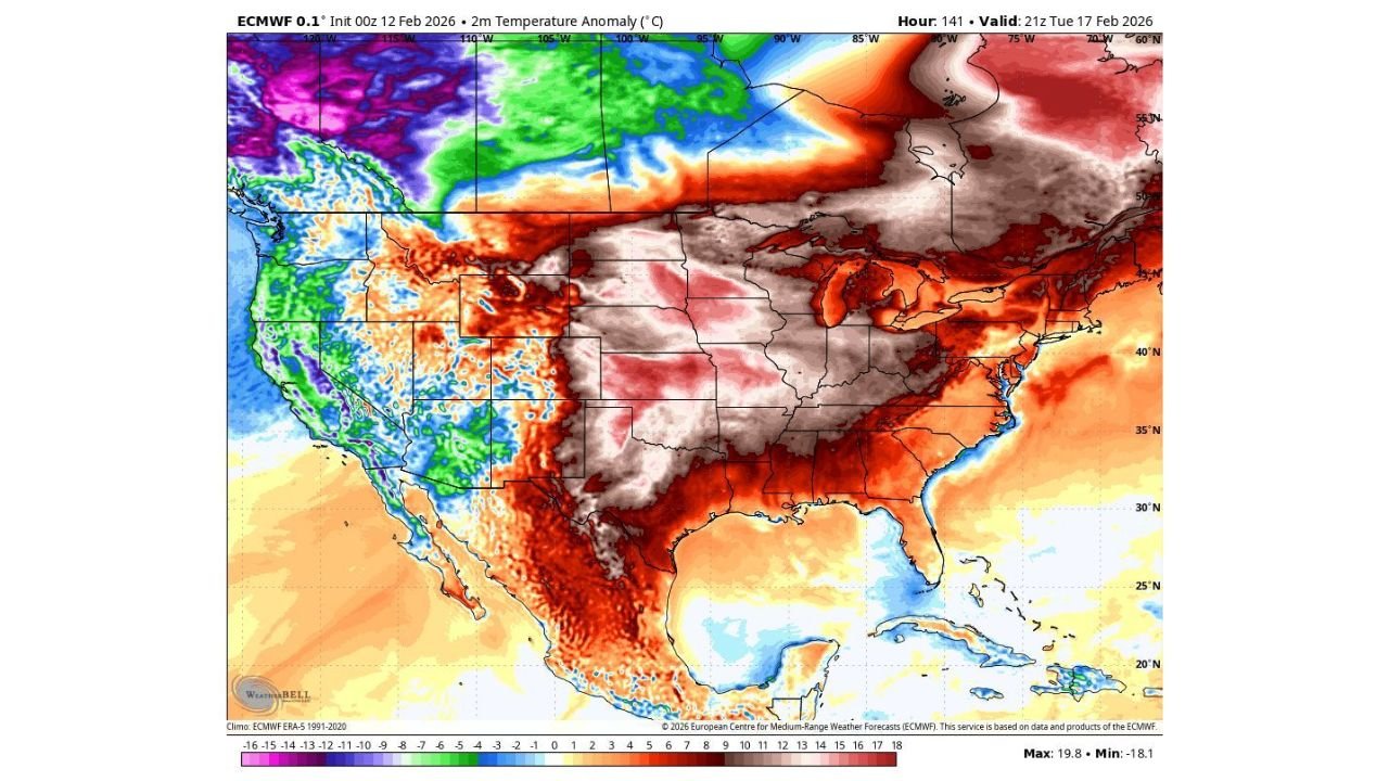 Midwest and East Coast From Illinois to New York Turn 10–20°C Above Normal by Feb. 17, While Montana and the Pacific Northwest Stay Much Colder