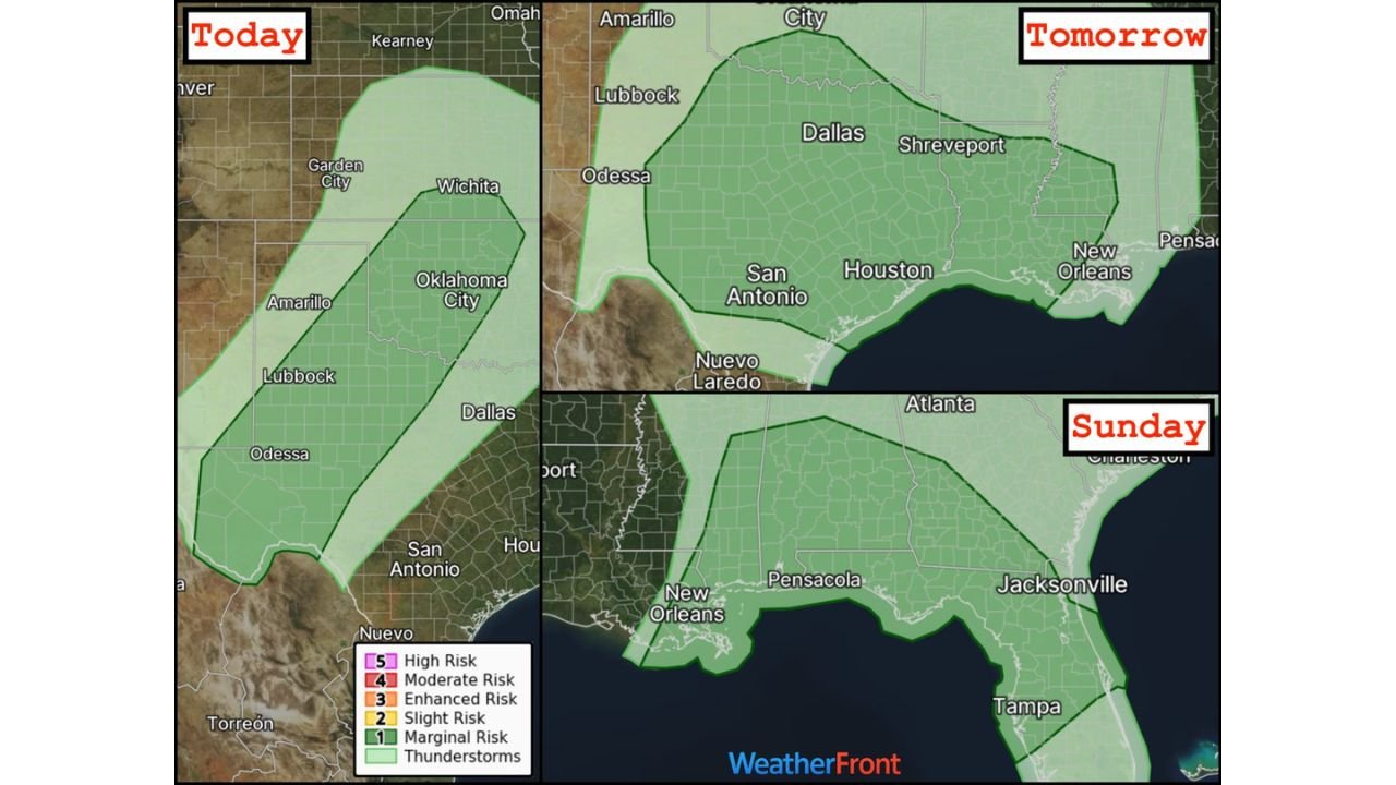 Multi-Day Severe Storm Threat Targets Texas, Oklahoma, Louisiana and Gulf Coast States With Hail, Damaging Winds and Possible Tornadoes Through Sunday