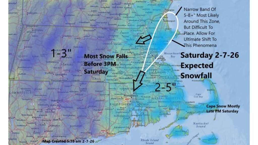 Narrow Snow Band Targets Boston to North Shore as Uncertain Placement Brings 2–5 Inches for Most, Isolated 8-Inch Totals Possible