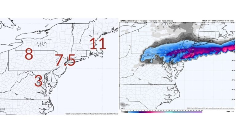 New Jersey to Long Island Braces for 7–11 Inches of Snow as Coastal Band Sets Up North of Philadelphia and New York City