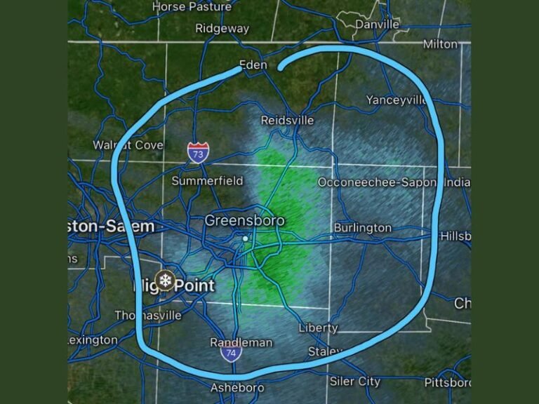 North Carolina Radar Alert: Brief Snow Flurries Possible Near Greensboro for the Next Hour, No Impacts Expected
