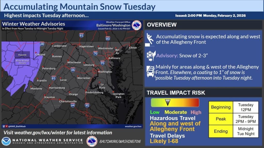 Oakland, Cumberland, Romney, and Areas Along the Allegheny Front Brace for 2–3 Inches of Mountain Snow Tuesday Afternoon
