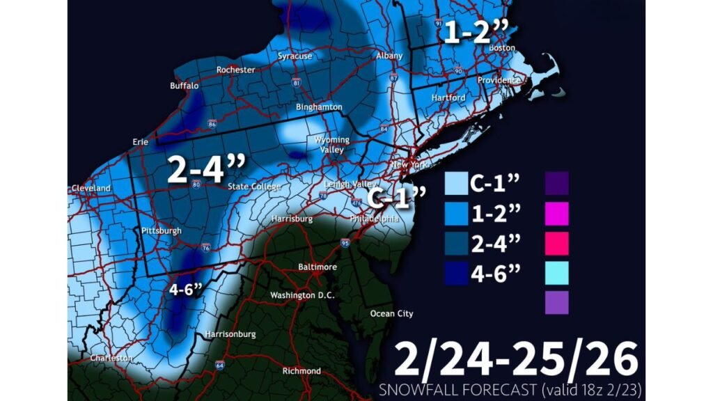 Pennsylvania, New York and West Virginia to See 2–6 Inches as Fast-Moving Clipper Sweeps Through; Minor Accumulations Expected for New Jersey, Maryland and New England Wednesday Morning