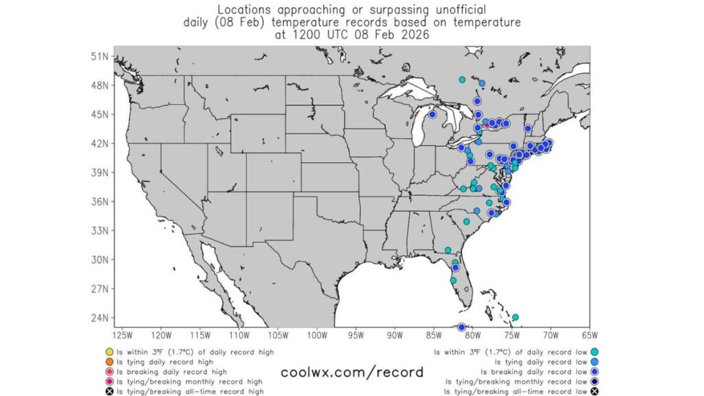 Record-Challenging Cold Spreads Across New York, Pennsylvania, New Jersey, Virginia, and Florida During Brutal Sunday Morning Freeze