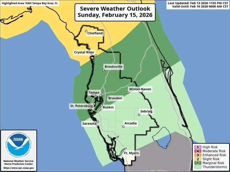 Severe Thunderstorm Risk Targets Tampa Bay and Southwest Florida as Strong Storm Line Moves In Sunday, February 15