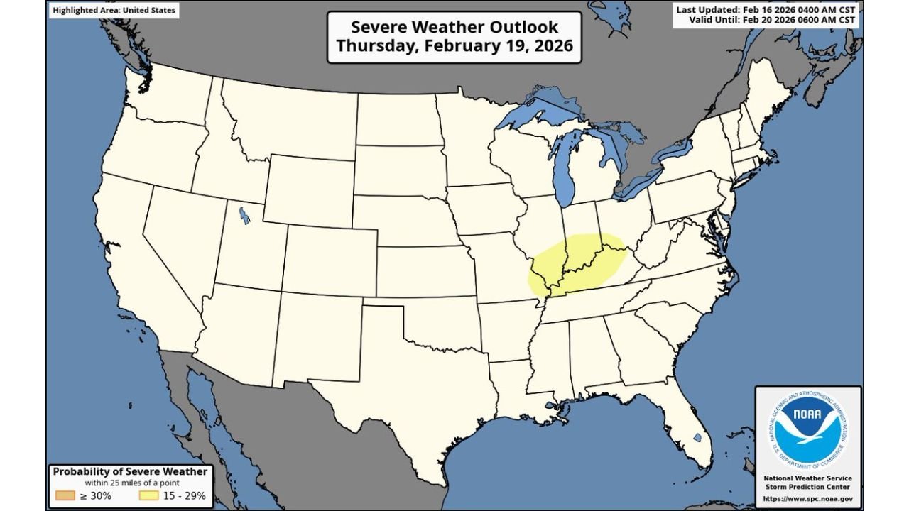 Severe Weather Risk Expands Across Missouri, Illinois, Indiana and Kentucky on February 19 as SPC Issues 15% Slight Risk — First Day 4 Outlook in 121 Days
