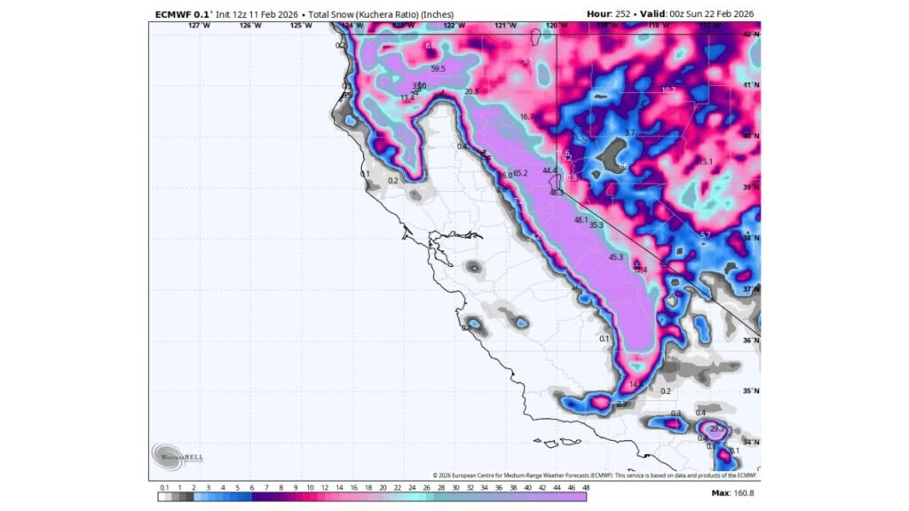 Sierra Nevada Braces for Extreme Snow Event as ECMWF Signals 4 to 8 Feet Widespread and Isolated 100+ Inch Totals Across California High Country