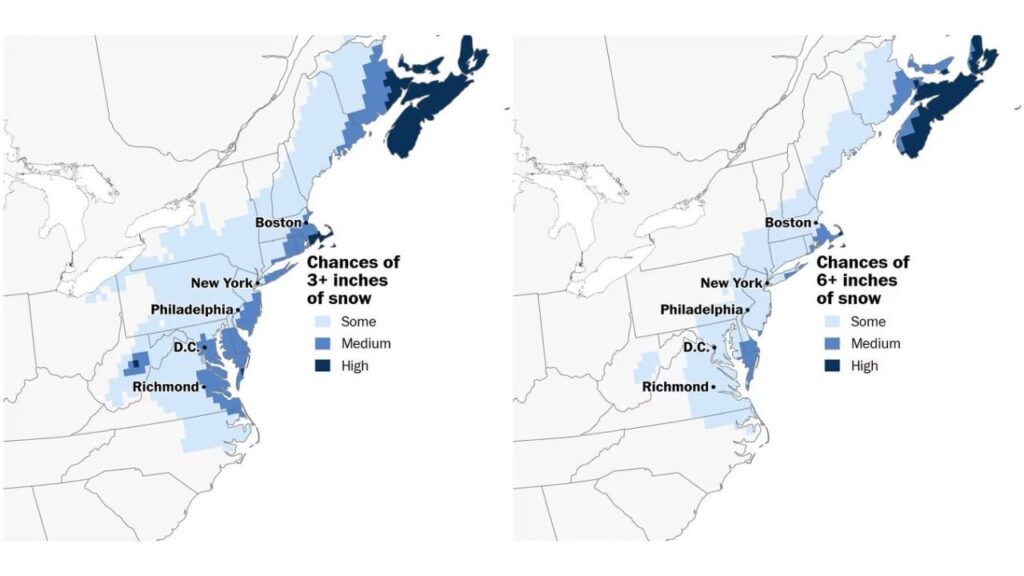 Snow Forecast Remains Uncertain From Richmond to Boston, but New Maps Show Highest Odds for 3–6+ Inches Along I-95 Sunday Into Monday