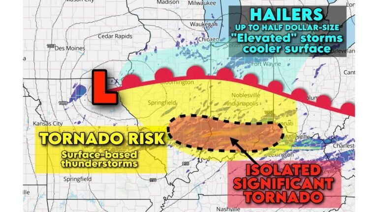 Southern Illinois and Southern Indiana Under Tornado Risk While Northern Illinois, Indiana and Ohio Brace for Large Hail Today