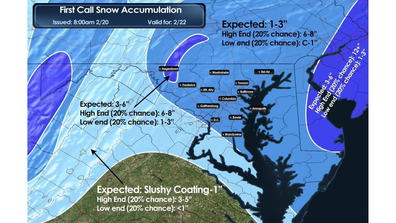 Sunday Snowfall First Call: Washington, D.C. to Baltimore Braces for 1–3 Inches, With Higher 3–6 Inch Band Possible West Toward Hagerstown