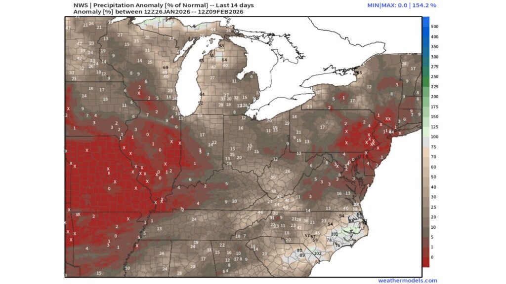 Two-Week Precipitation Deficits Expand Across Kansas, Missouri, Illinois, Ohio, and Pennsylvania as U.S. Shifts Toward Early Spring Pattern