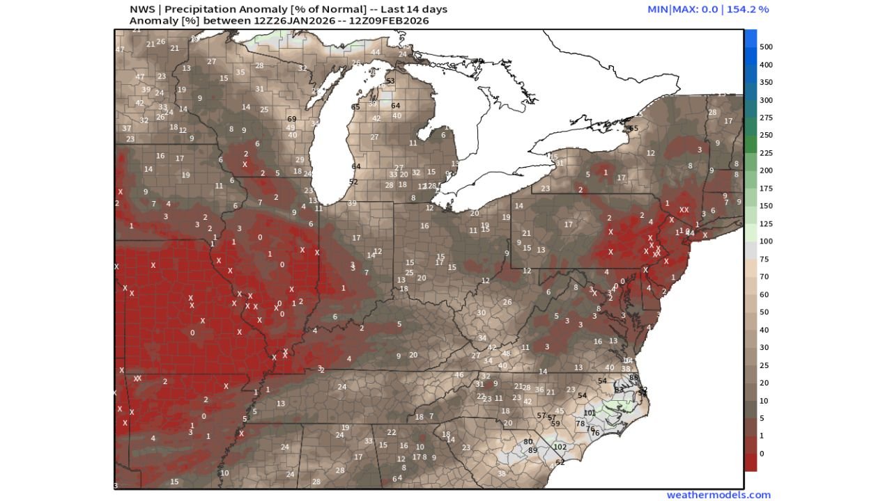 Two-Week Precipitation Deficits Expand Across Kansas, Missouri, Illinois, Ohio, and Pennsylvania as U.S. Shifts Toward Early Spring Pattern