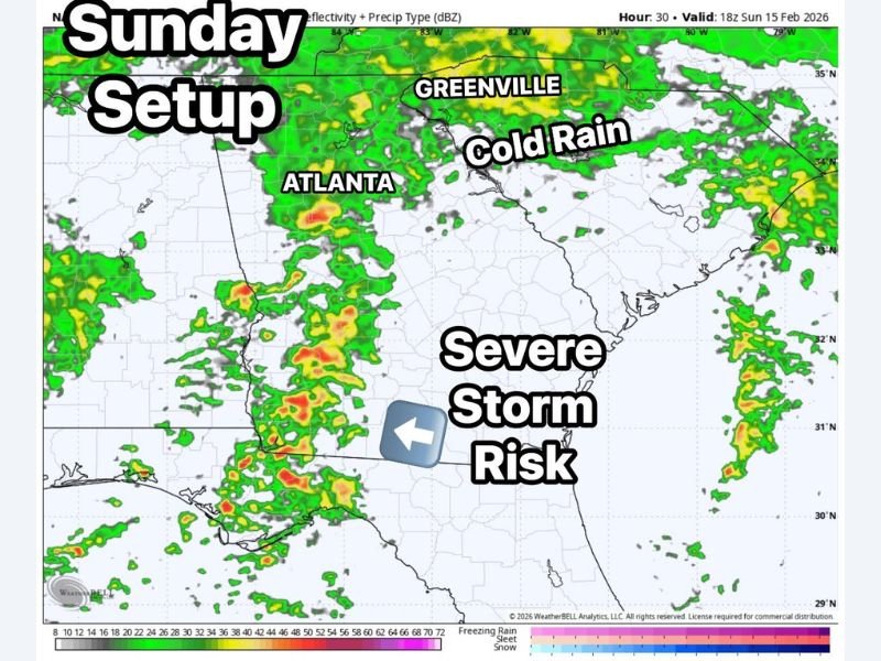 Western Carolinas Face Cold, Driving Rain While Georgia and Florida Brace for Severe Storm Risk Sunday With Damaging Winds Possible