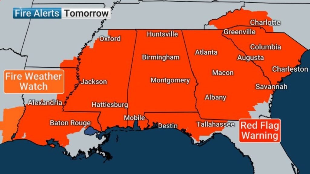 8 Southern States Under Red Flag Warnings This Weekend — Humidity Below 20% and Winds Up to 40 mph Fuel Dangerous Fire Weather Across the South