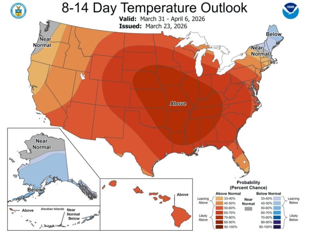 Above-Normal Temperatures Expand East Across Texas, Oklahoma, Kansas, Missouri, and Illinois as New England Faces Stubborn Chill Into Early April