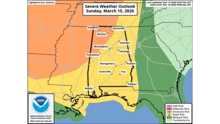 Alabama Storm Threat Overnight Sunday Into Monday as North and West Alabama Face Enhanced Risk for Tornadoes and Damaging Winds