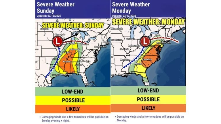 Arkansas, Tennessee, Mississippi, Indiana and Carolinas Face Two-Day Severe Weather Threat as Storm System Pushes From Midwest to East Coast