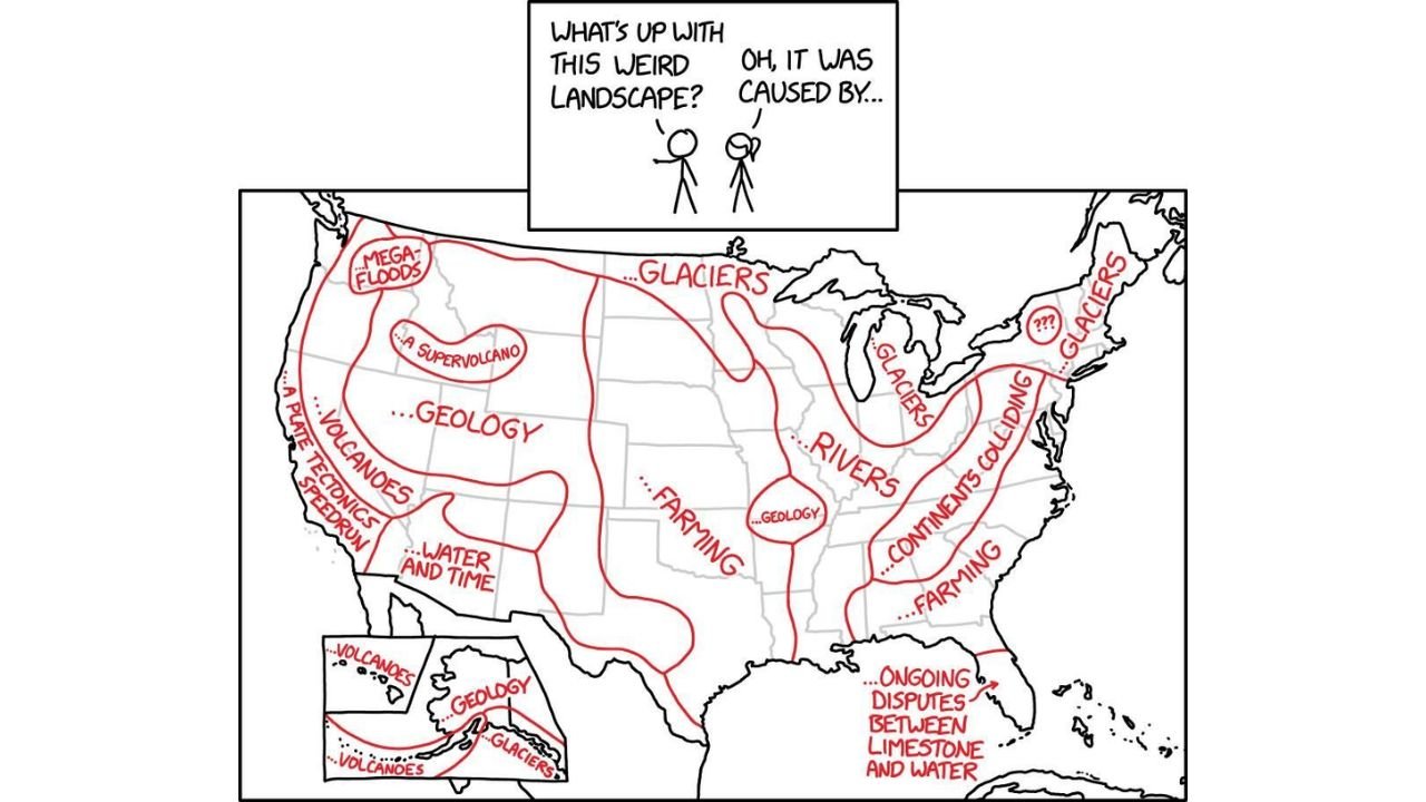 California, Washington, Montana, Texas and Florida Highlighted in XKCD Comic Breaking Down the Geology Behind America’s “Weird” Landscapes