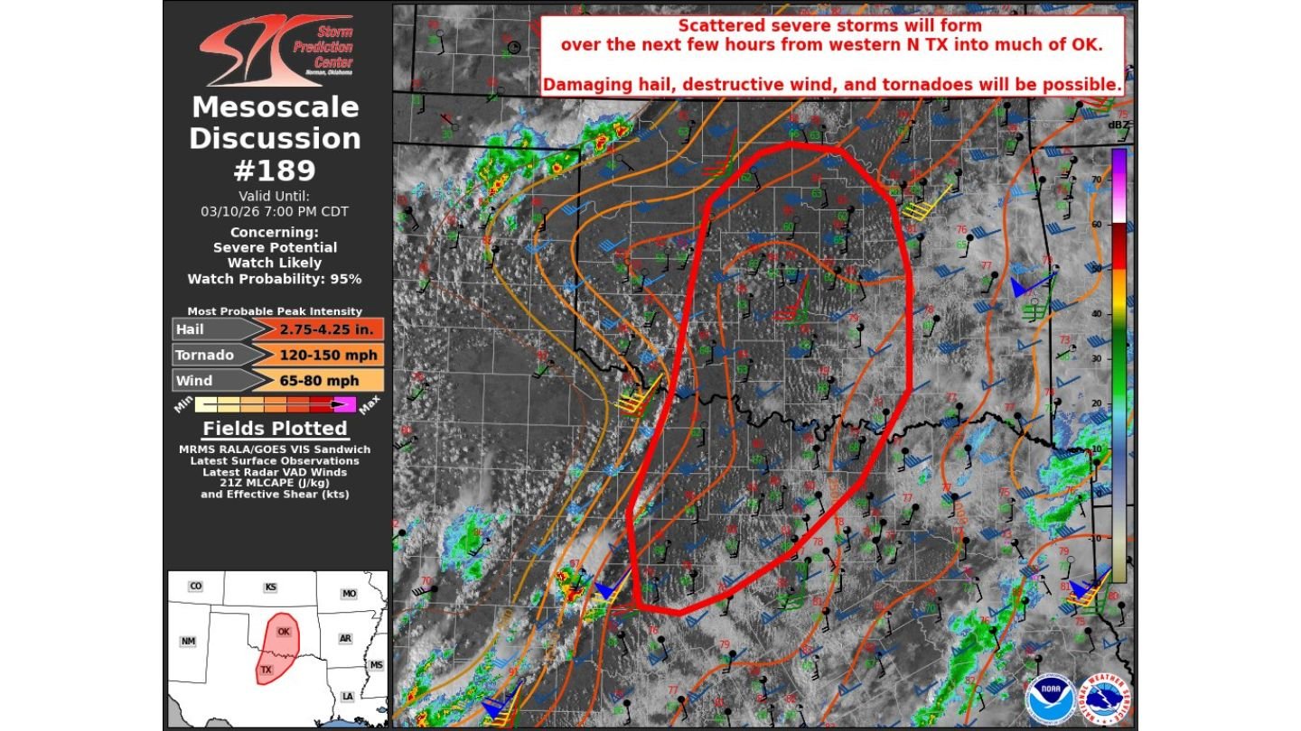 Central Oklahoma and North Texas on Edge: 95% Watch Probability as Tornadoes, Destructive Winds, and Giant Hail Threaten This Evening