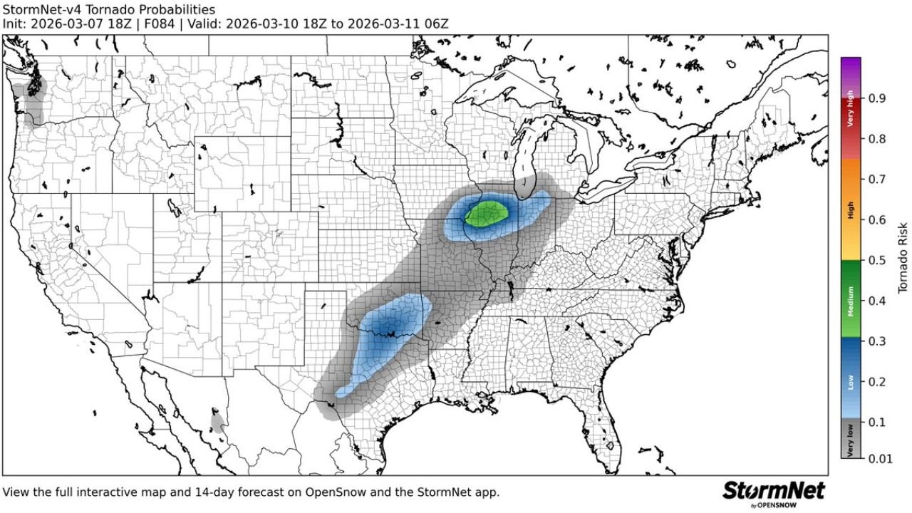 Elevated Tornado Risk Tuesday Across Texas Oklahoma Arkansas Missouri Illinois Indiana and Michigan As StormNet Highlights Developing Severe Weather Corridor