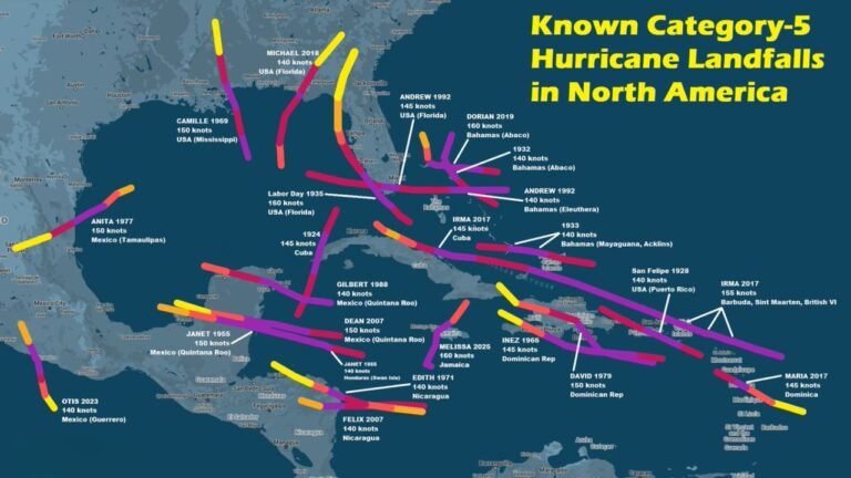 Florida, Mississippi, Jamaica and Caribbean Coastlines Highlighted in Rare Map Showing Every Category 5 Hurricane Landfall in North America