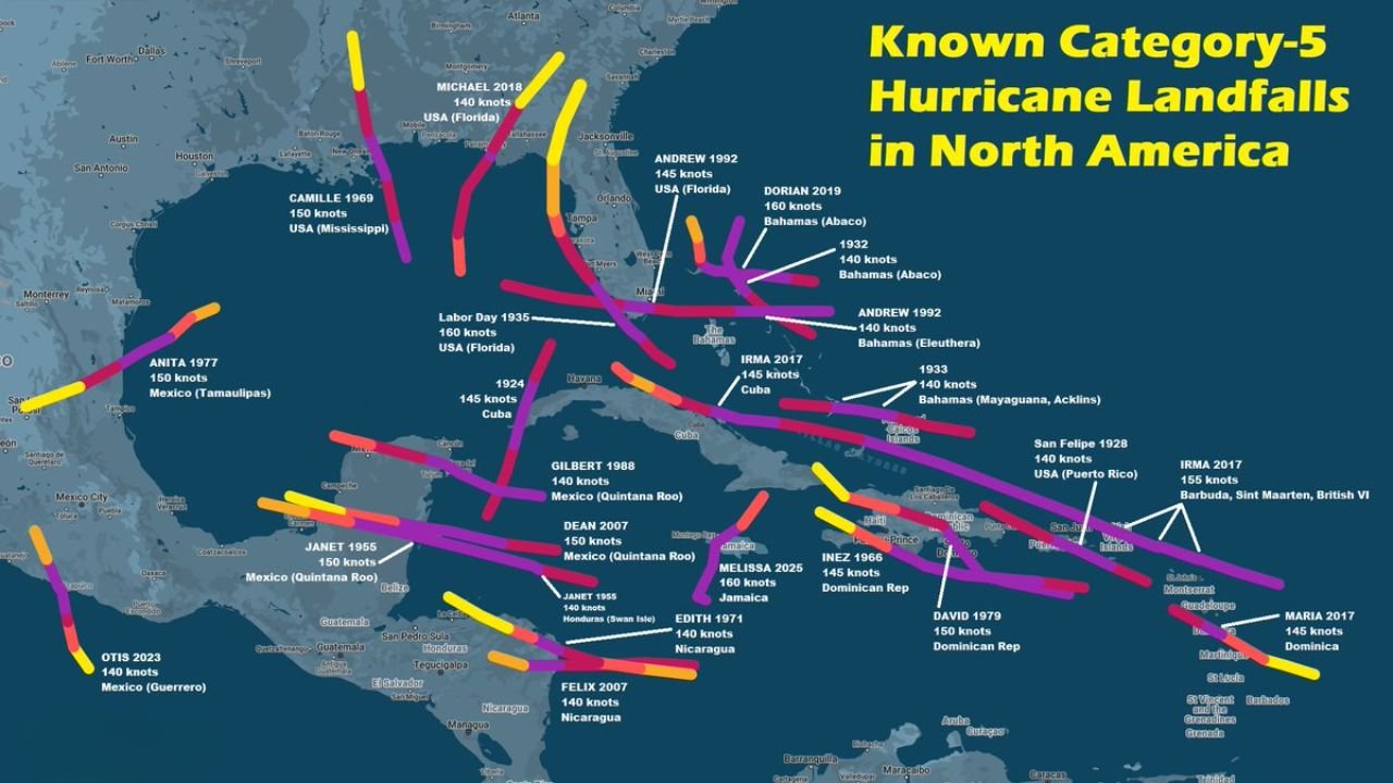Florida, Mississippi, Jamaica and Caribbean Coastlines Highlighted in Rare Map Showing Every Category 5 Hurricane Landfall in North America