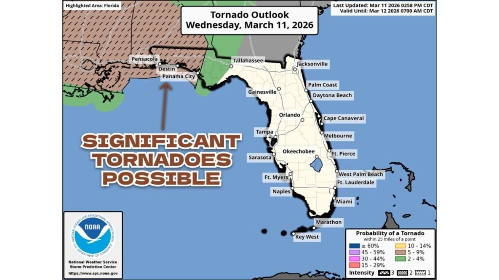 Florida Panhandle, Including Pensacola, Destin, Panama City, and Tallahassee, Faces Expanded Overnight Tornado Threat With Potential for Significant EF2+ Twisters