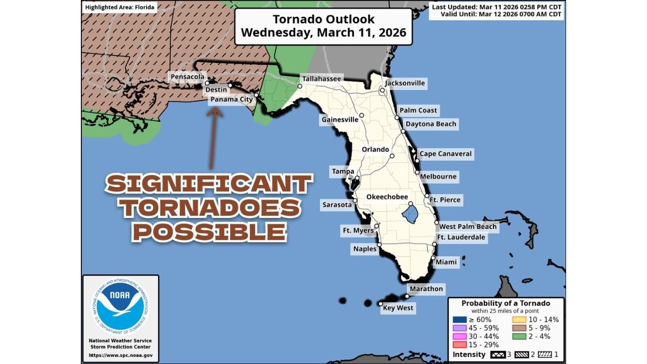 Florida Panhandle, Including Pensacola, Destin, Panama City, and Tallahassee, Faces Expanded Overnight Tornado Threat With Potential for Significant EF2+ Twisters