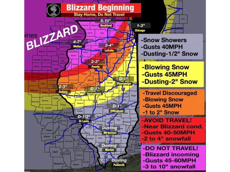 Illinois Blizzard Begins as Rockford, Moline and Northern Illinois Face 60 MPH Winds, Blowing Snow and Dangerous Travel