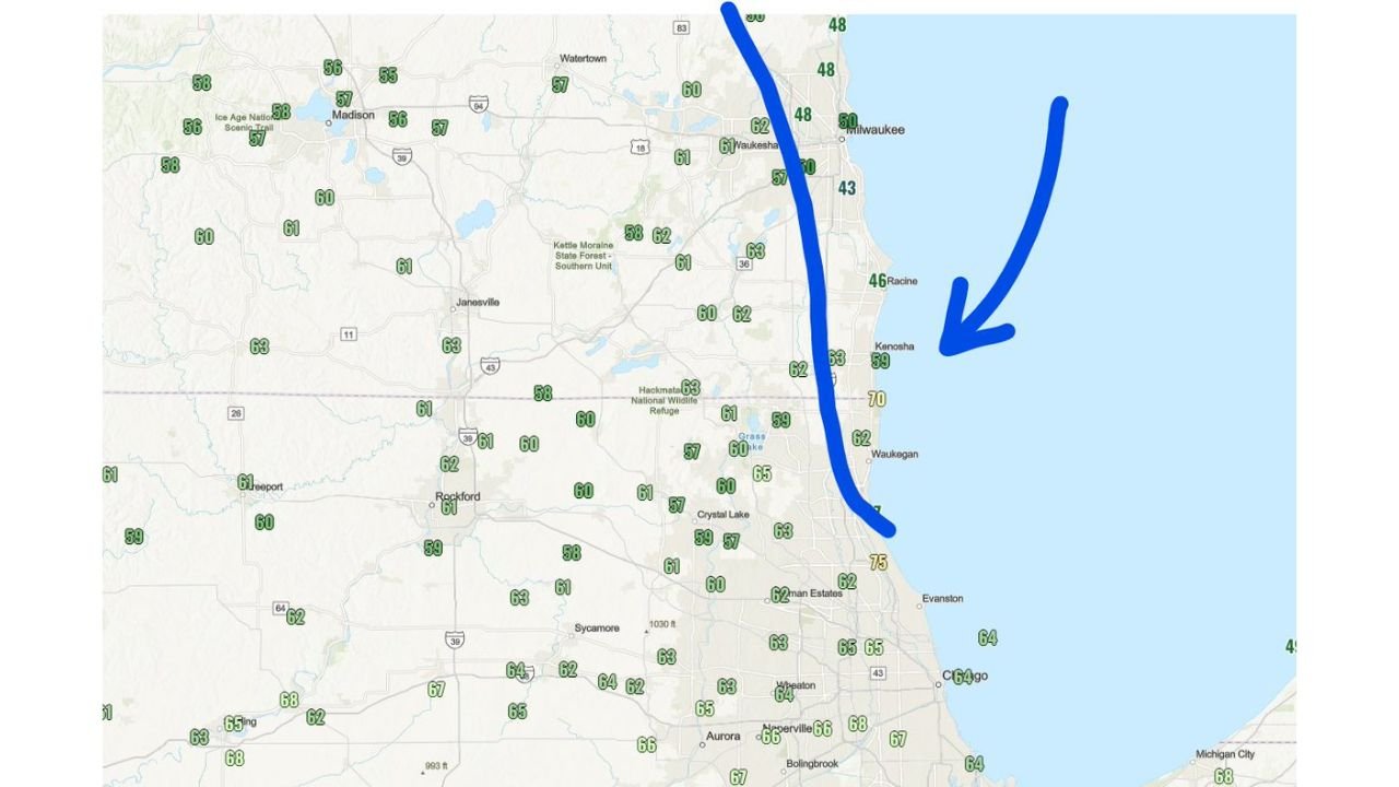 Illinois Including Chicago, Evanston and Gary Hit by Lake-Enhanced Cold Front With Temperatures Crashing From 60s Into 40s Within Hours