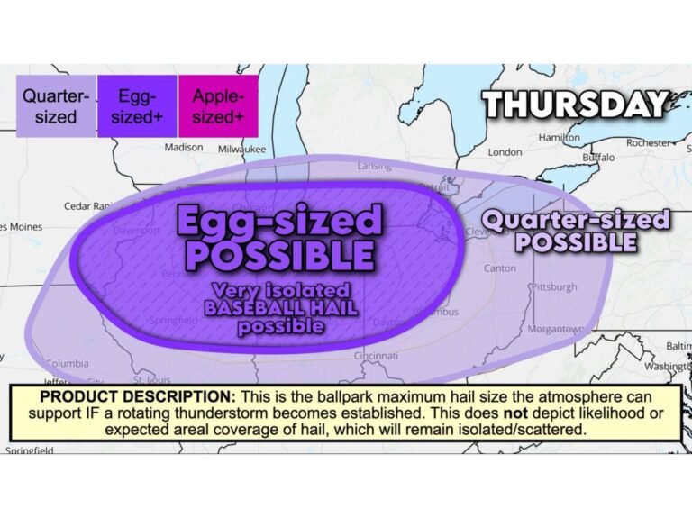 Illinois, Indiana, Ohio, Michigan Face Destructive Hail Threat Thursday With Baseball-Size Stones Possible From Chicago to Fort Wayne