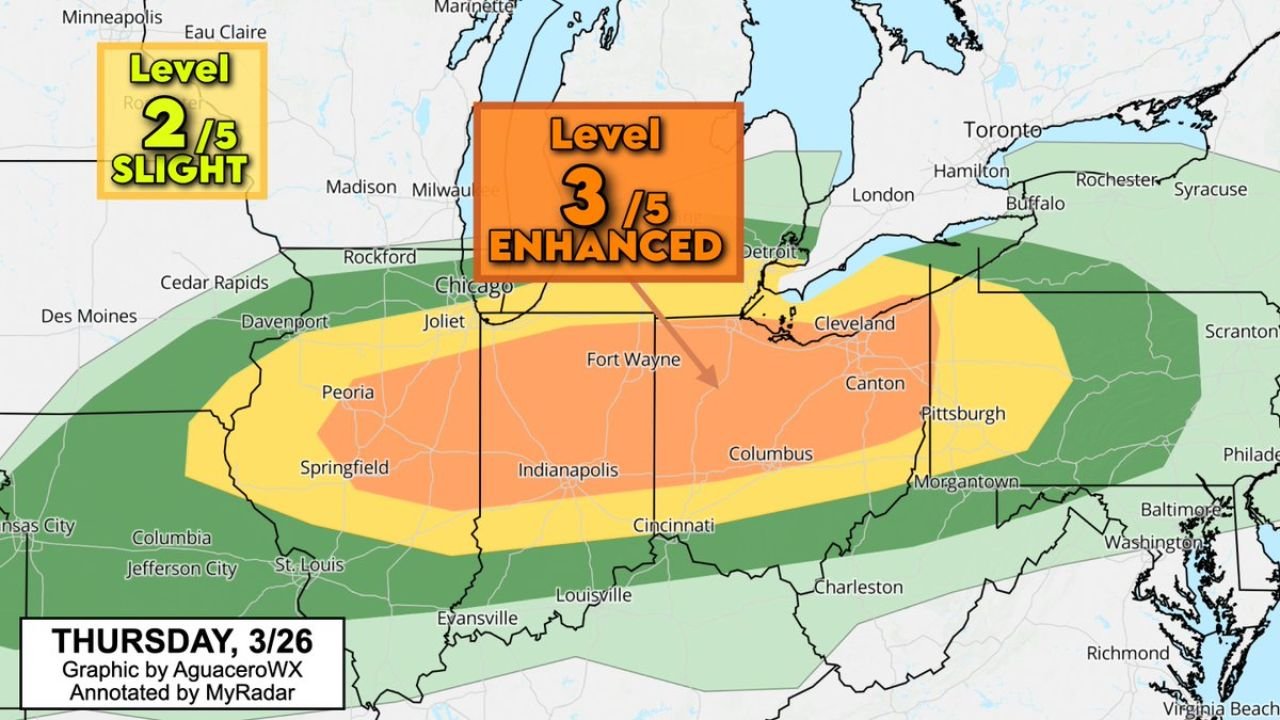 Illinois, Indiana, Ohio and Michigan Including Chicago, Indianapolis and Columbus Under Level 3 Enhanced Risk With Large Hail and Isolated Tornado Threat Thursday