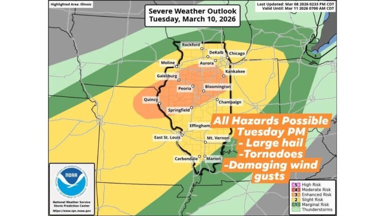Illinois Severe Weather Alert: Tornadoes, Golf Ball-Size Hail and Damaging Winds Possible Tuesday From Peoria to Chicago and Into Indiana