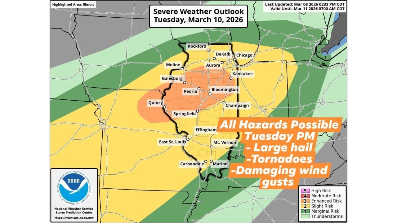 Illinois Severe Weather Alert: Tornadoes, Golf Ball-Size Hail and Damaging Winds Possible Tuesday From Peoria to Chicago and Into Indiana