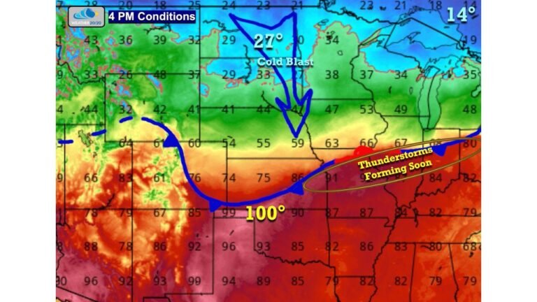 Kansas City, Missouri at Center of Evening Storm Threat as Cold Front Collides With 100° Heat and Triggers Hail Risk After Sunset