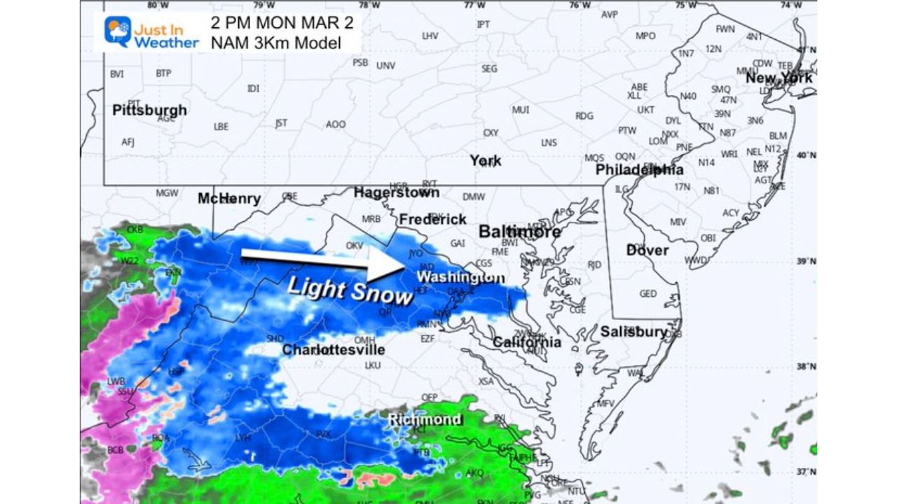 Light Snow Band to Brush I-66 Corridor From Washington DC Through Southern Maryland Monday, With Freezing Rain Risk Early Tuesday