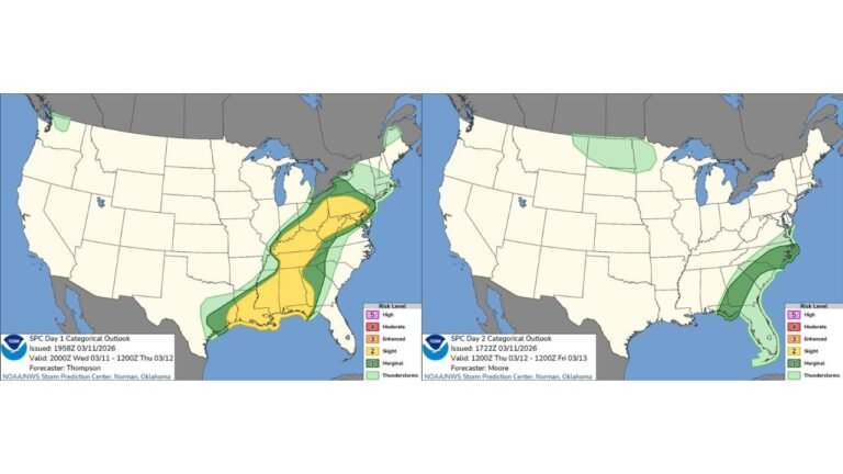 Louisiana, Mississippi, Alabama, Georgia, Tennessee, and the Carolinas Under Slight Risk as SPC Expands Thunderstorm and Severe Weather Corridor Through Friday Morning