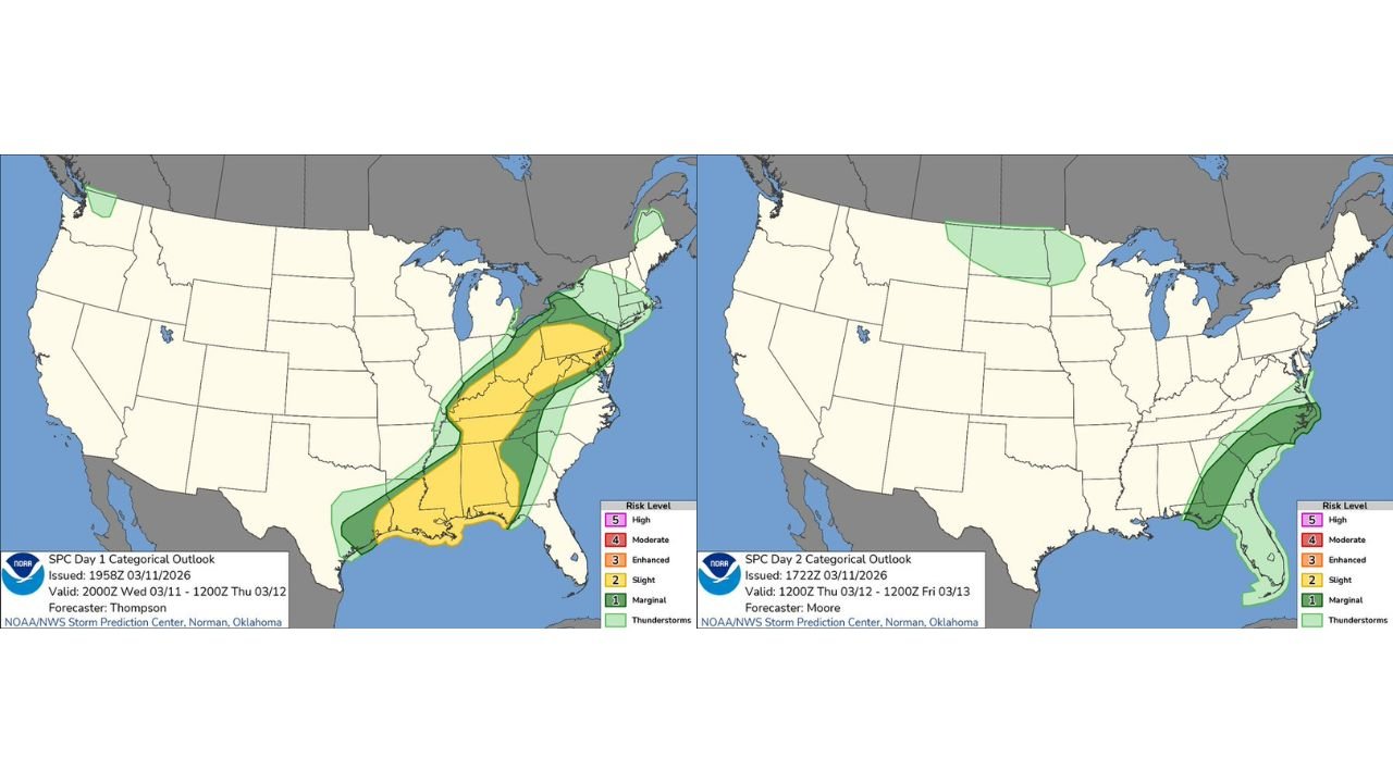 Louisiana, Mississippi, Alabama, Georgia, Tennessee, and the Carolinas Under Slight Risk as SPC Expands Thunderstorm and Severe Weather Corridor Through Friday Morning