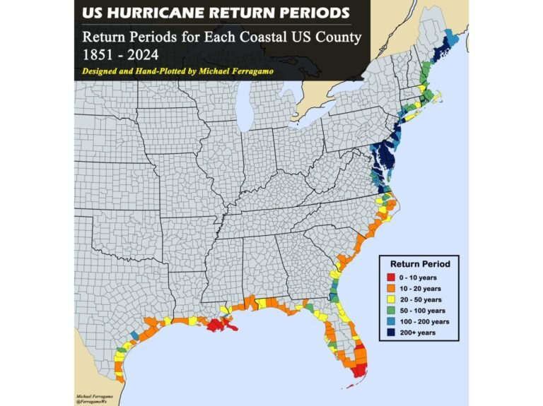 Louisiana, Texas, Florida and North Carolina Show Shortest Hurricane Return Periods While Maine and California Exceed 100+ Years